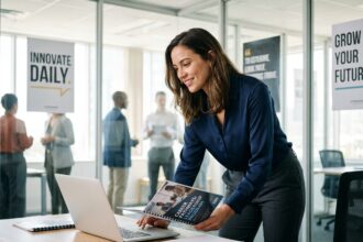 Femme confiante en bureau moderne avec brochure de carrière