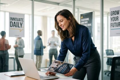 Femme confiante en bureau moderne avec brochure de carrière
