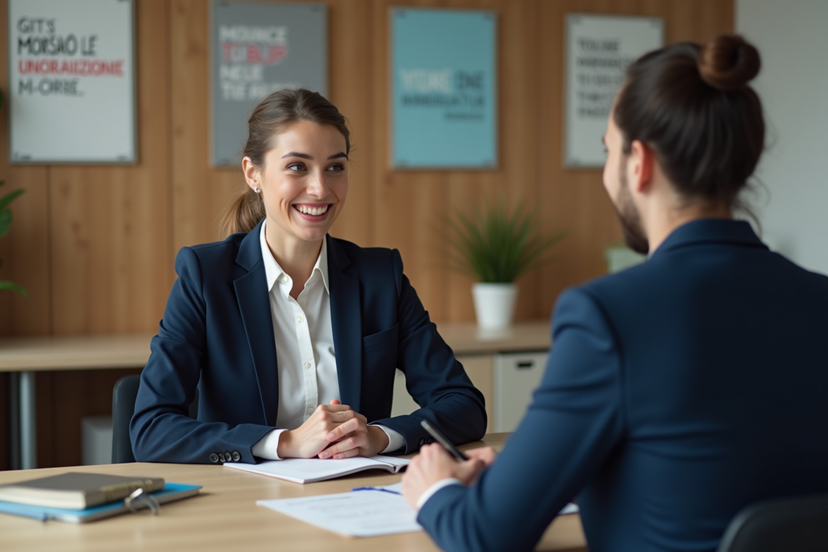 Femme professionnelle en blazer navy lors d'un entretien d'emploi