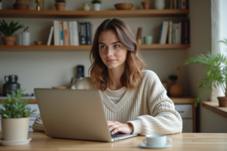 Jeune femme en cours en ligne dans une cuisine chaleureuse