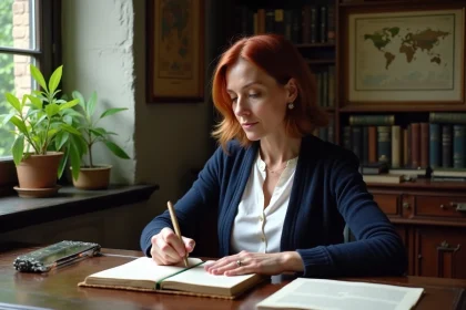 Femme française écrivant dans un journal ancien dans un bureau cosy