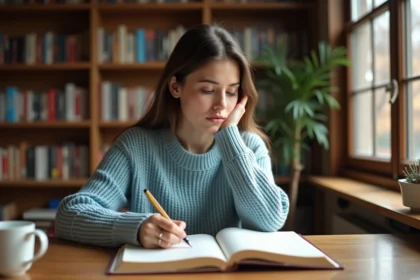 Jeune femme étudiant le conditionnel espagnol dans un bureau avec un manuel de grammaire ouvert et des notes manuscrites