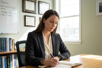 Femme en blazer prenant des notes dans une salle moderne