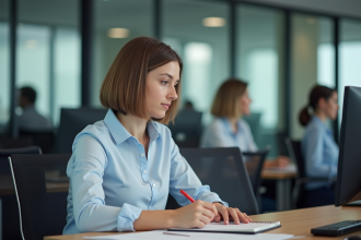 Femme en formation en ligne dans un bureau moderne