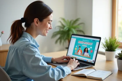 Femme utilisant Canva sur un ordinateur portable pour créer des visuels marketing dans un bureau à domicile moderne