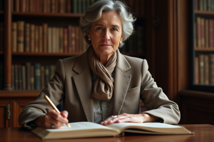 Femme française lisant un livre dans une bibliothèque élégante