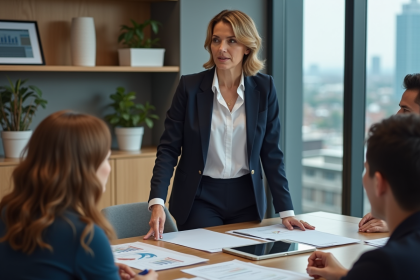 Manager femme confiante en réunion d'équipe moderne
