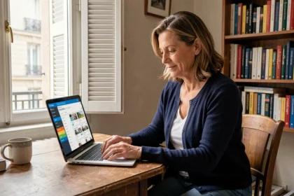 Femme parisienne utilisant la plateforme Paris Classe Numérique sur son ordinateur portable dans un appartement haussmannien