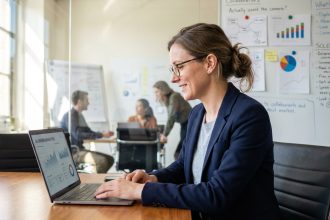 Femme professionnelle analysant des données sur un ordinateur