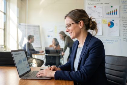 Femme professionnelle analysant des données sur un ordinateur