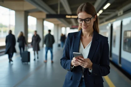 Femme professionnelle consultant l'application PIA Académie de Grenoble sur smartphone en gare, en déplacement