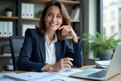 Femme d'affaires en blazer expliquant un graphique
