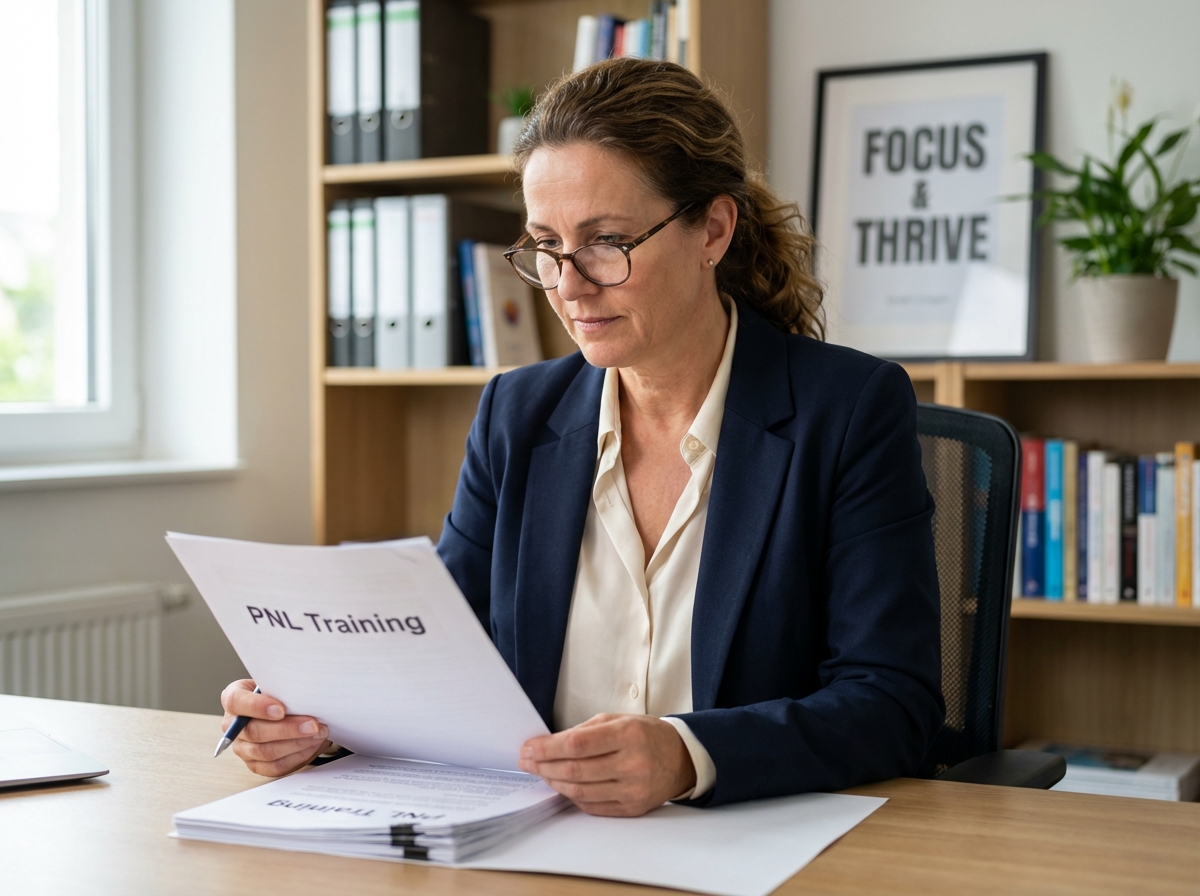 Femme professionnelle lisant des documents dans son bureau