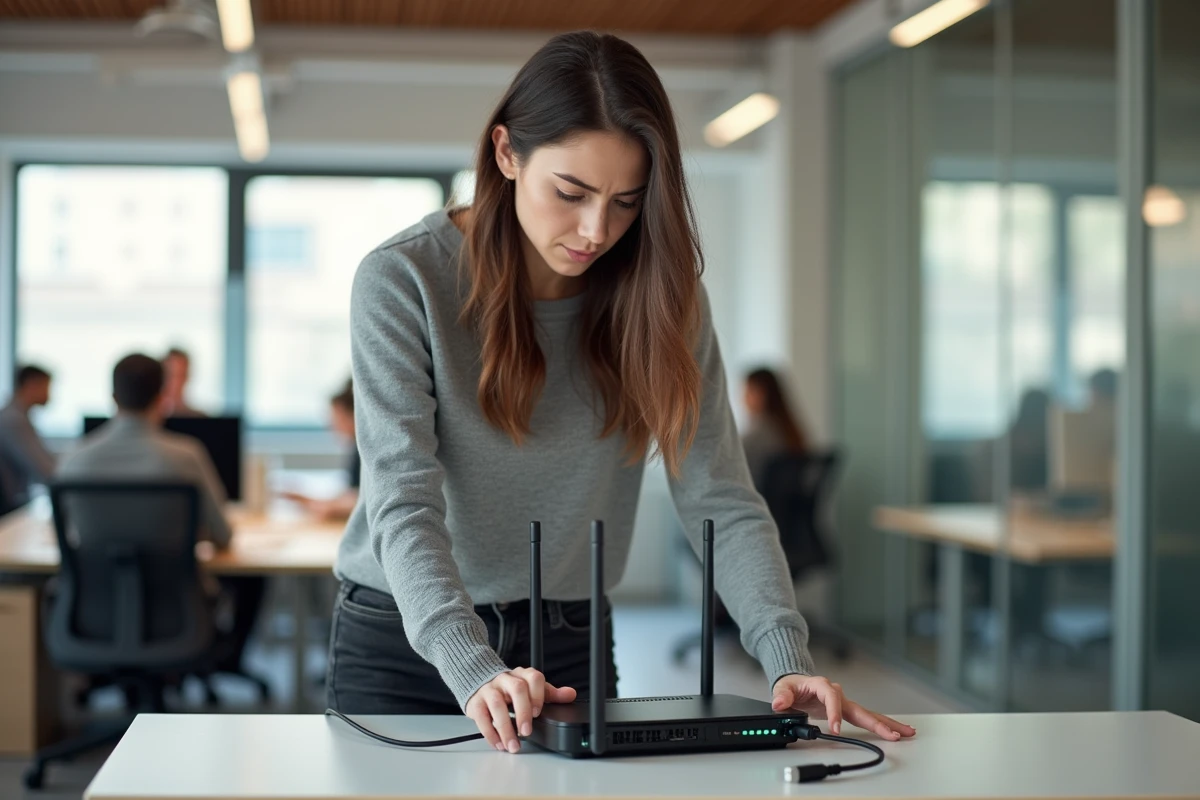 Jeune femme vérifiant les câbles réseau dans un espace de coworking