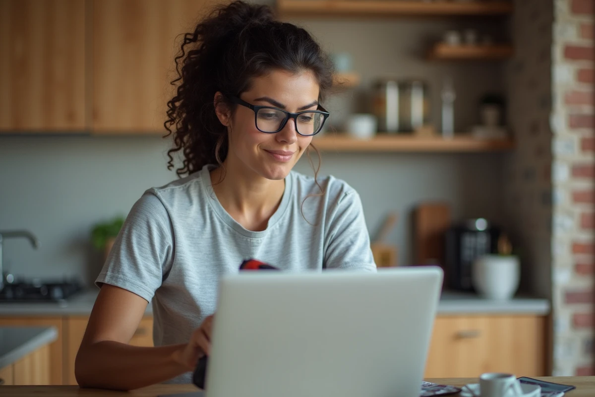 Femme comparant des cours de bricolage en ligne avec une perceuse à la main dans une cuisine moderne