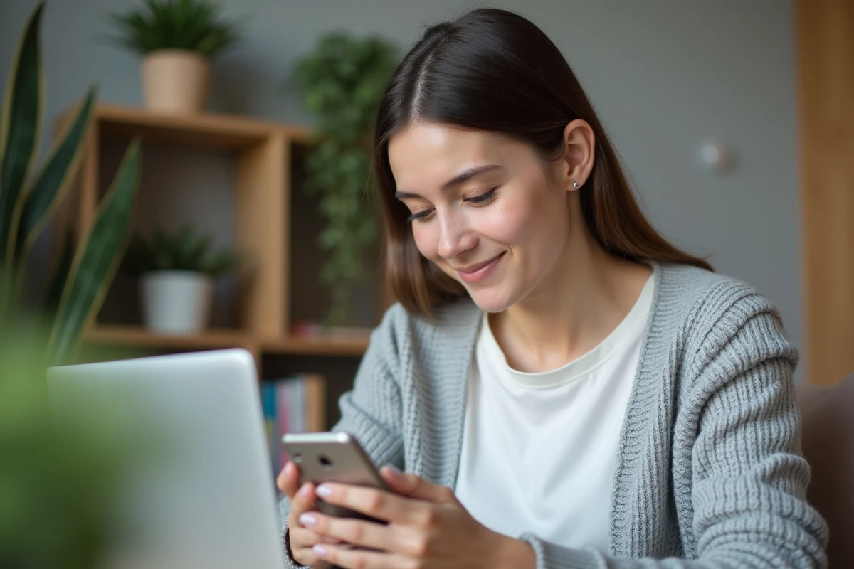 Jeune femme examine son smartphone dans un cadre cosy