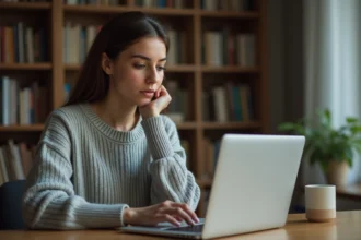 Femme concentrée passant un test de QI en ligne sur son ordinateur portable dans un bureau à domicile