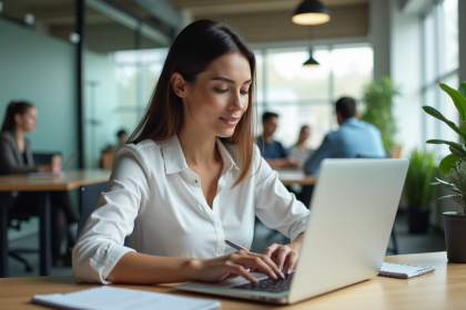 Femme concentrée travaillant à son bureau moderne