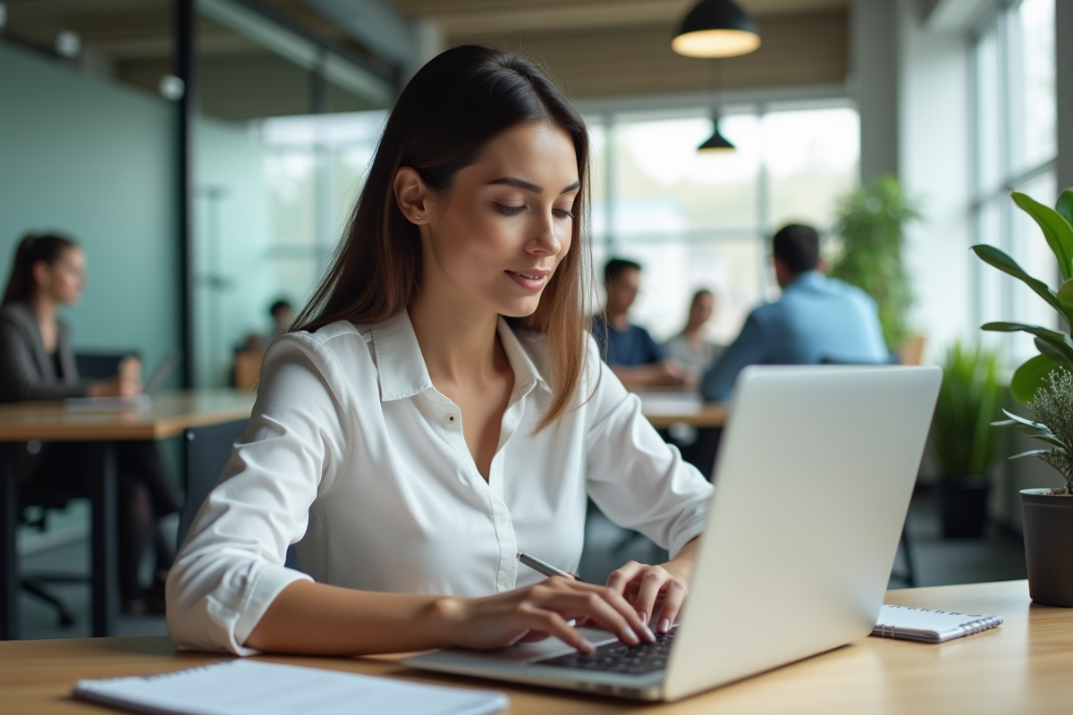 Femme concentrée travaillant à son bureau moderne