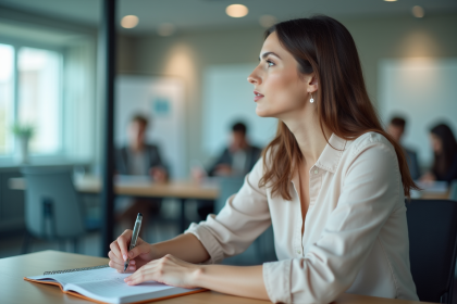 Femme en formation dans une salle moderne et lumineuse