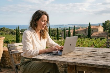 Femme en linen sur terrasse avec vue sur vignobles méditerranéens
