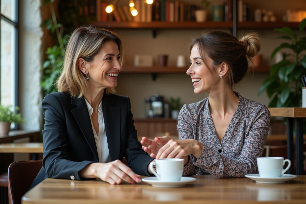 Deux femmes discutant dans un café européen cosy