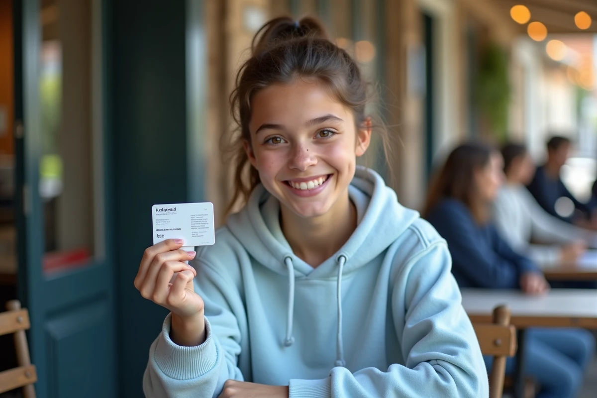 Fille de 17 ans montrant sa carte étudiant au café