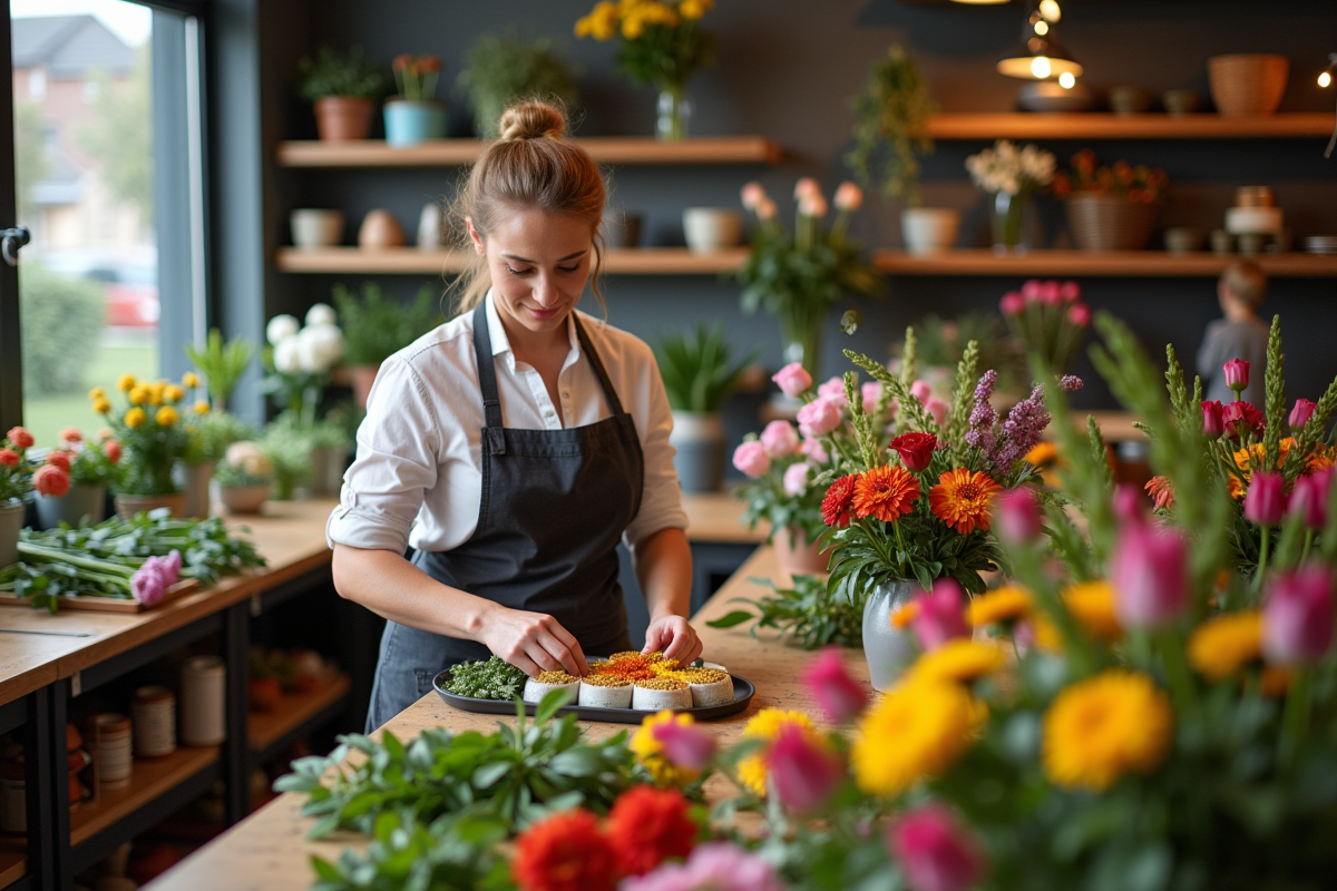 Fleuriste arrangeant des fleurs colorées dans un atelier lumineux