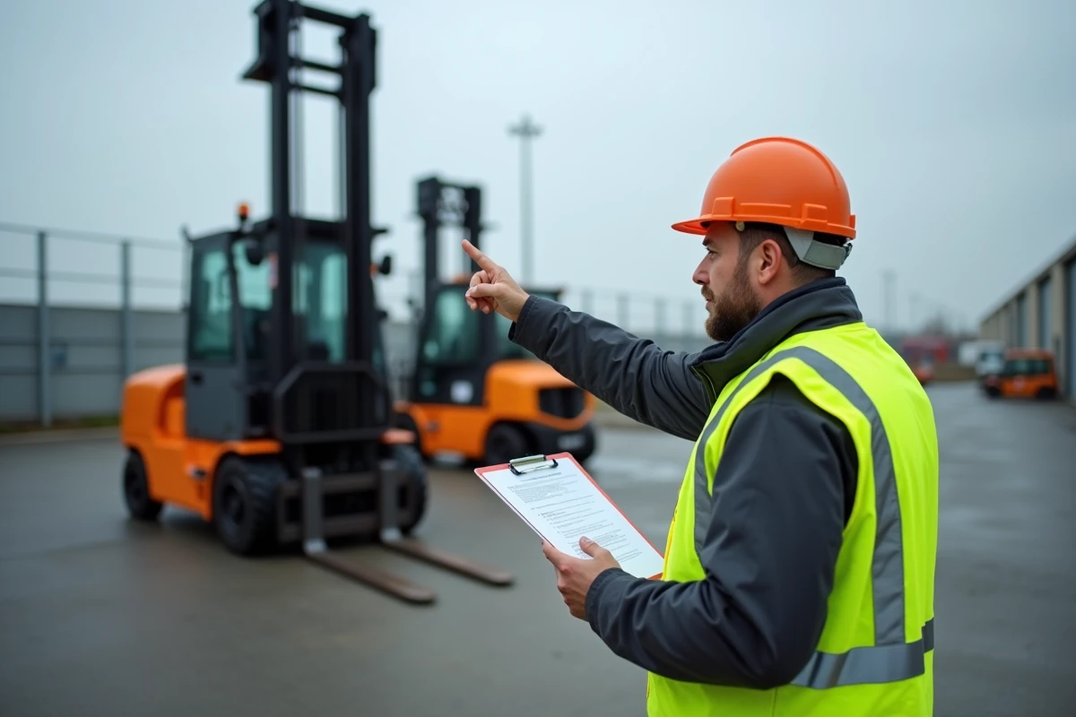 Formateur CACES 3 expliquant les commandes d'un chariot élévateur reach truck sur une aire d'entraînement extérieure