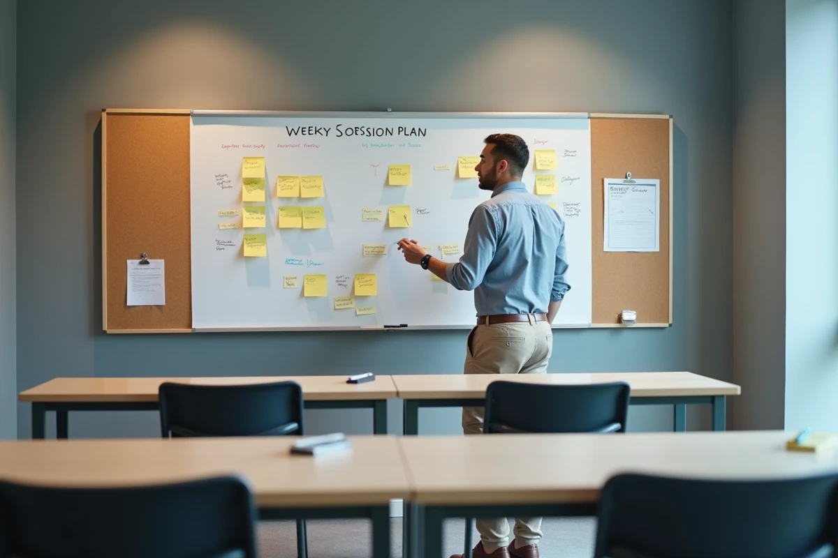 Formateur masculin préparant le planning de ses sessions dans une salle de formation équipée