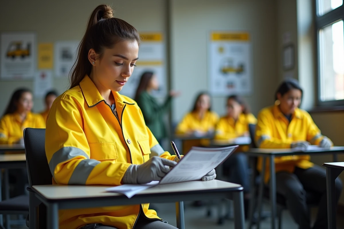 Femme en formation CACES dans une salle de cours centre agréé avec livret de certification et équipements de sécurité