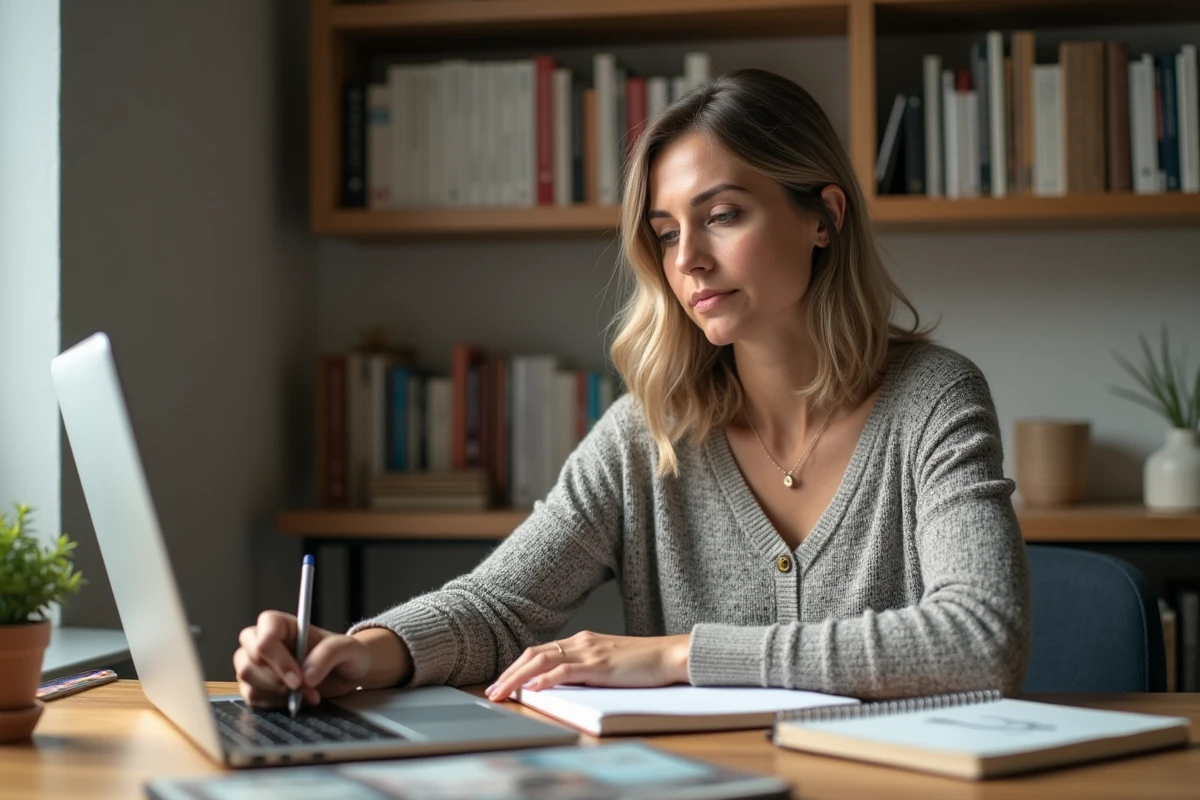 Femme suivant une formation en ligne en décoration intérieure depuis son bureau à domicile