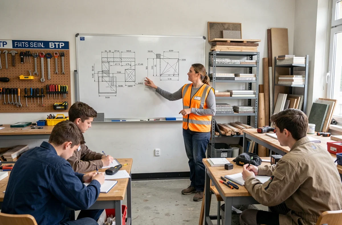 Formatrice BTP expliquant des notions de sécurité chantier à des apprentis en salle de formation professionnelle