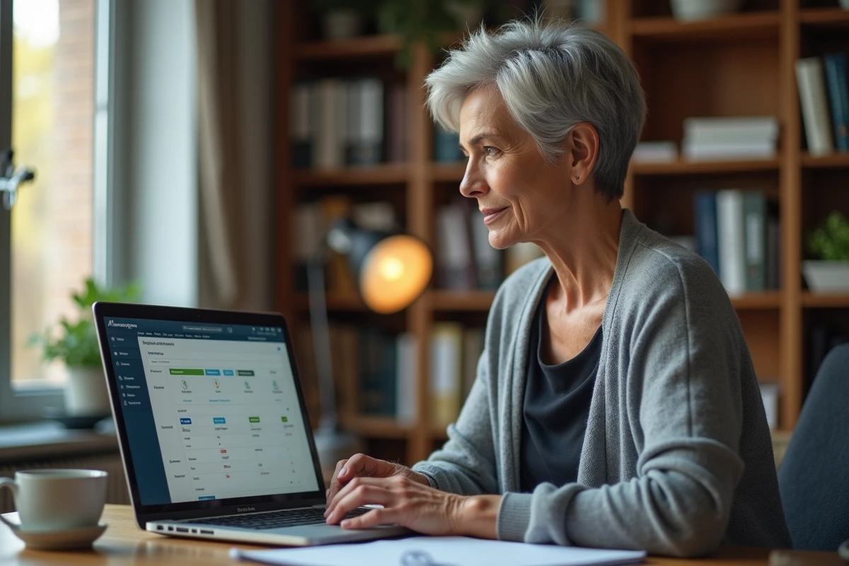 Formatrice expérimentée gérant ses sessions de formation en ligne depuis son bureau à domicile