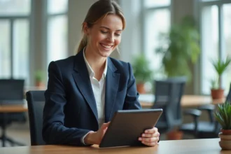 Formatrice professionnelle organisant ses sessions de formation sur une tablette numérique dans un bureau moderne
