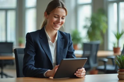 Formatrice professionnelle organisant ses sessions de formation sur une tablette numérique dans un bureau moderne