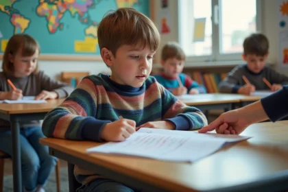 Garçon de 10 ans concentré en classe avec un cahier coloré