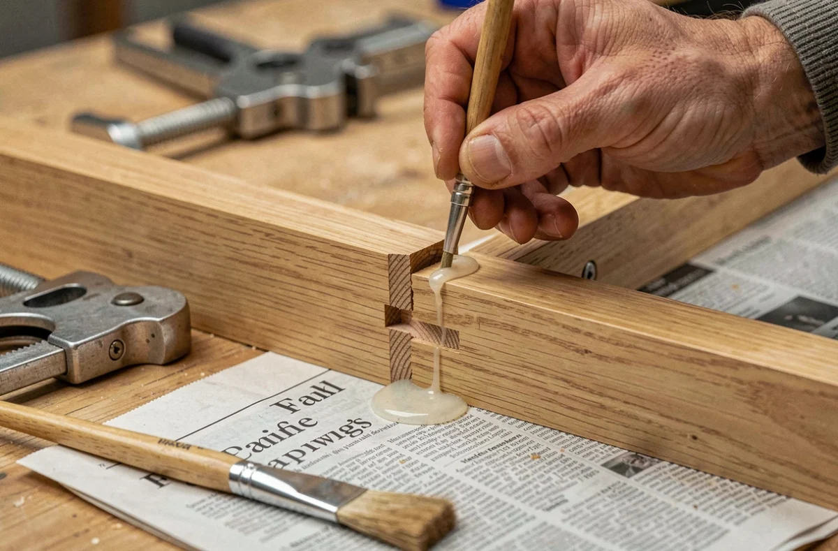 Gros plan sur des mains appliquant de la colle à bois sur un assemblage en queue d'aronde pour la menuiserie