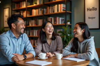 Trois adultes rient autour d'une table de café