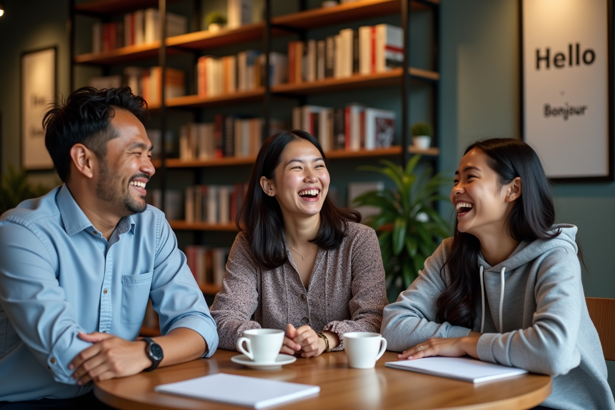 Trois adultes rient autour d'une table de café