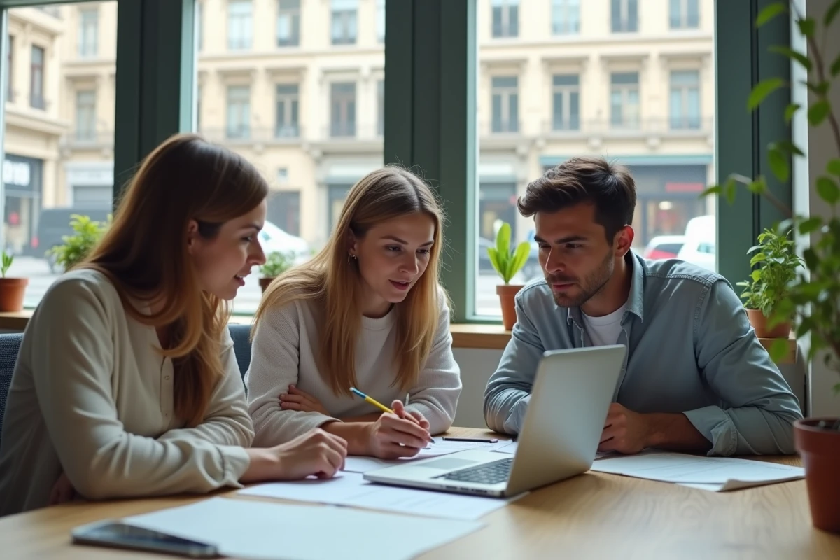 Groupe d'adultes apprenant le français ensemble sur un ordinateur portable dans un espace de coworking moderne