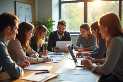 Groupe de personnes discutant autour d'une table en formation