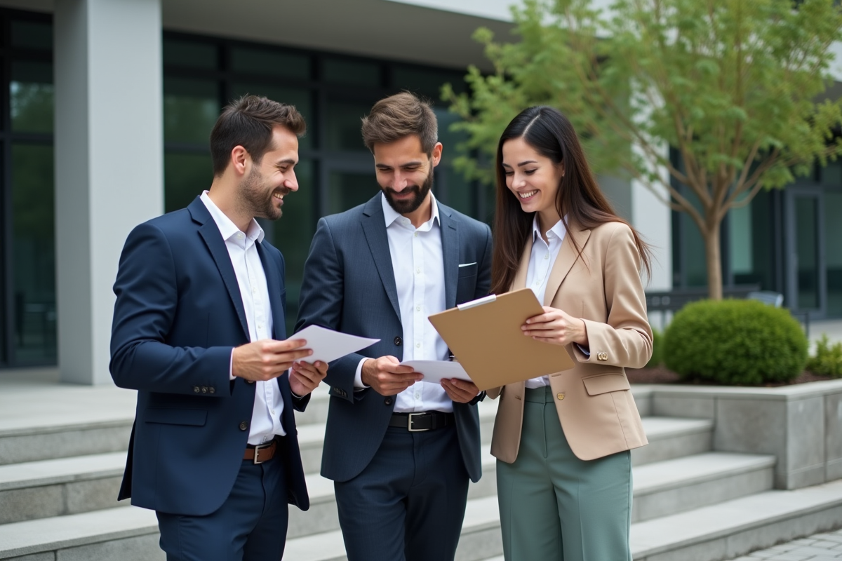 Groupe de jeunes professionnels discutant devant un bâtiment moderne