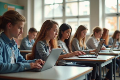 Groupe d'élèves au lycée utilisant des tablettes dans une classe lumineuse