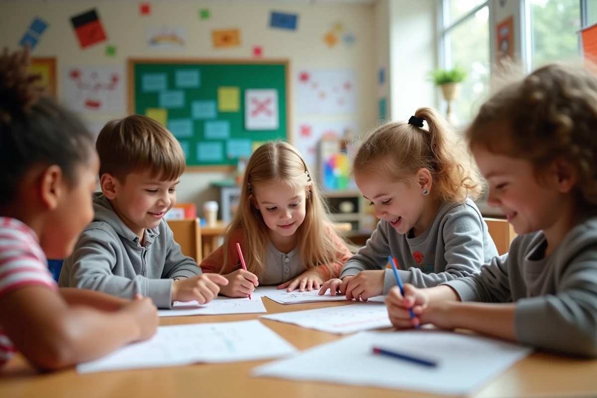 Enfants divers collaborant sur un projet en classe lumineuse