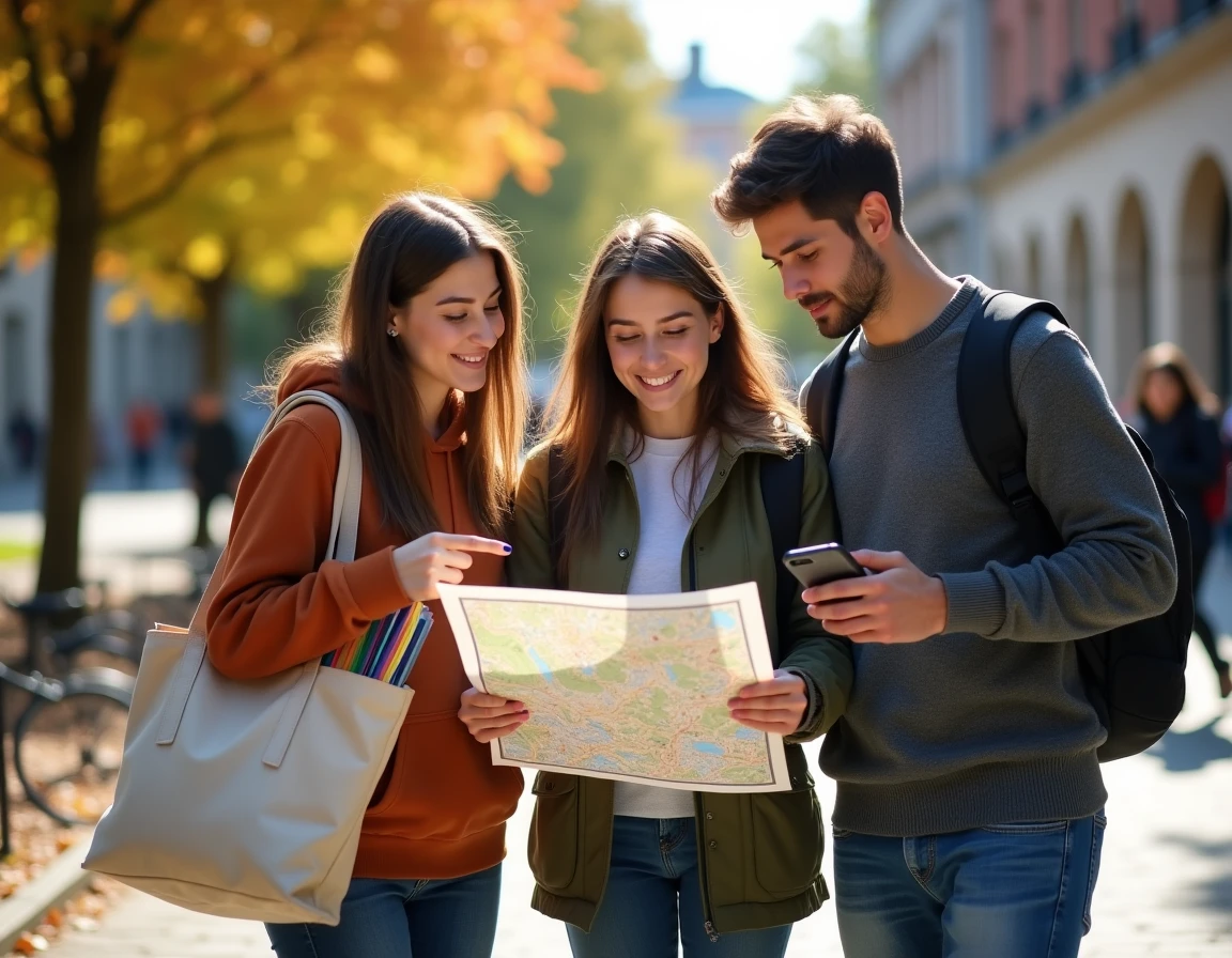 Groupe d'étudiants consultant un plan du campus universitaire Artois lors de leur première semaine de rentrée