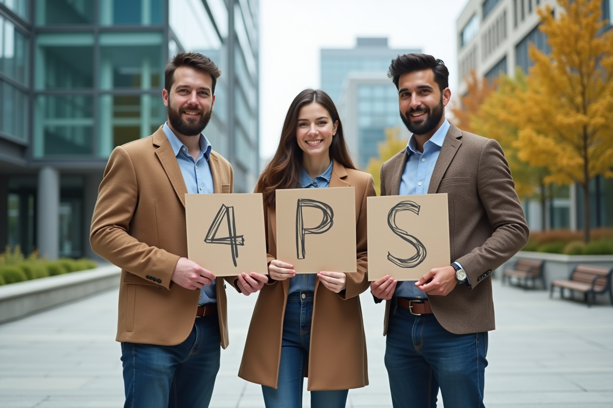 Groupe de jeunes professionnels avec cartes des 4Ps
