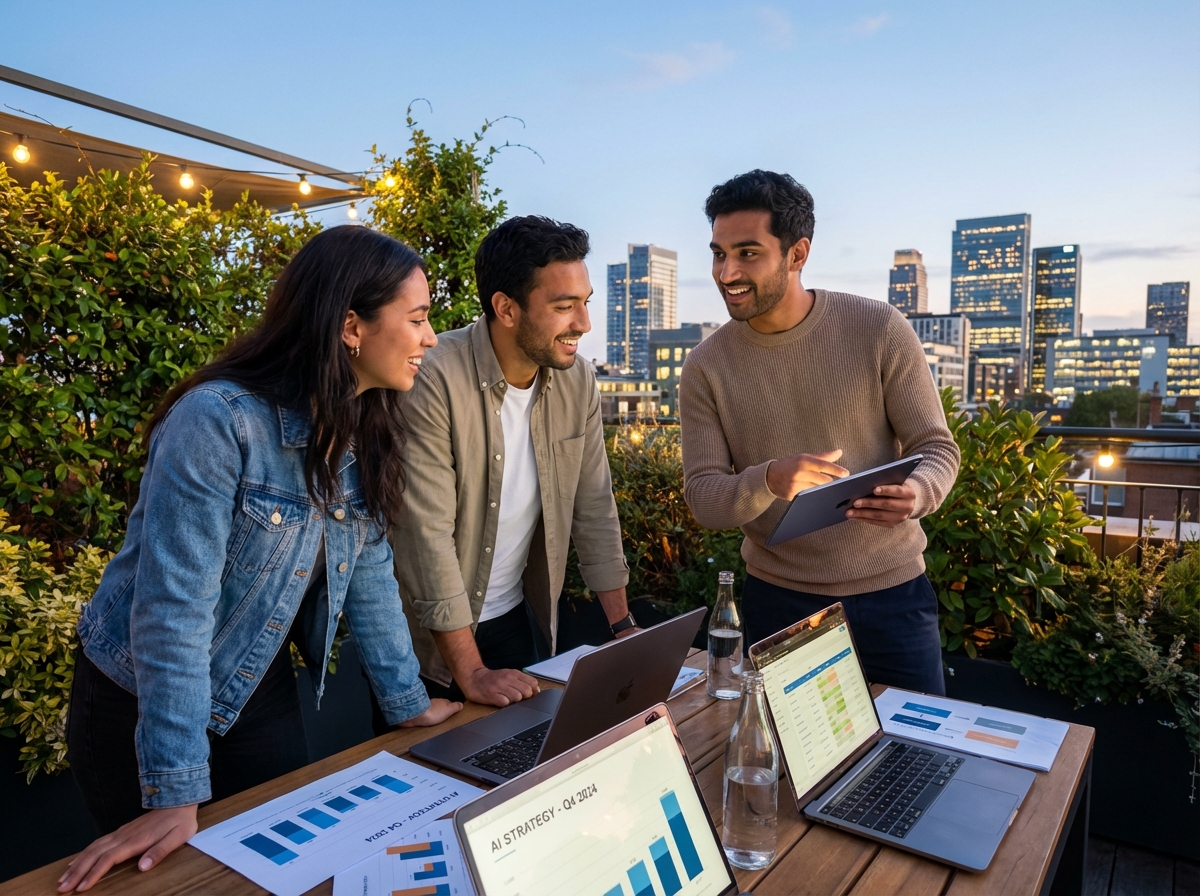 Groupe de jeunes professionnels discutant en extérieur