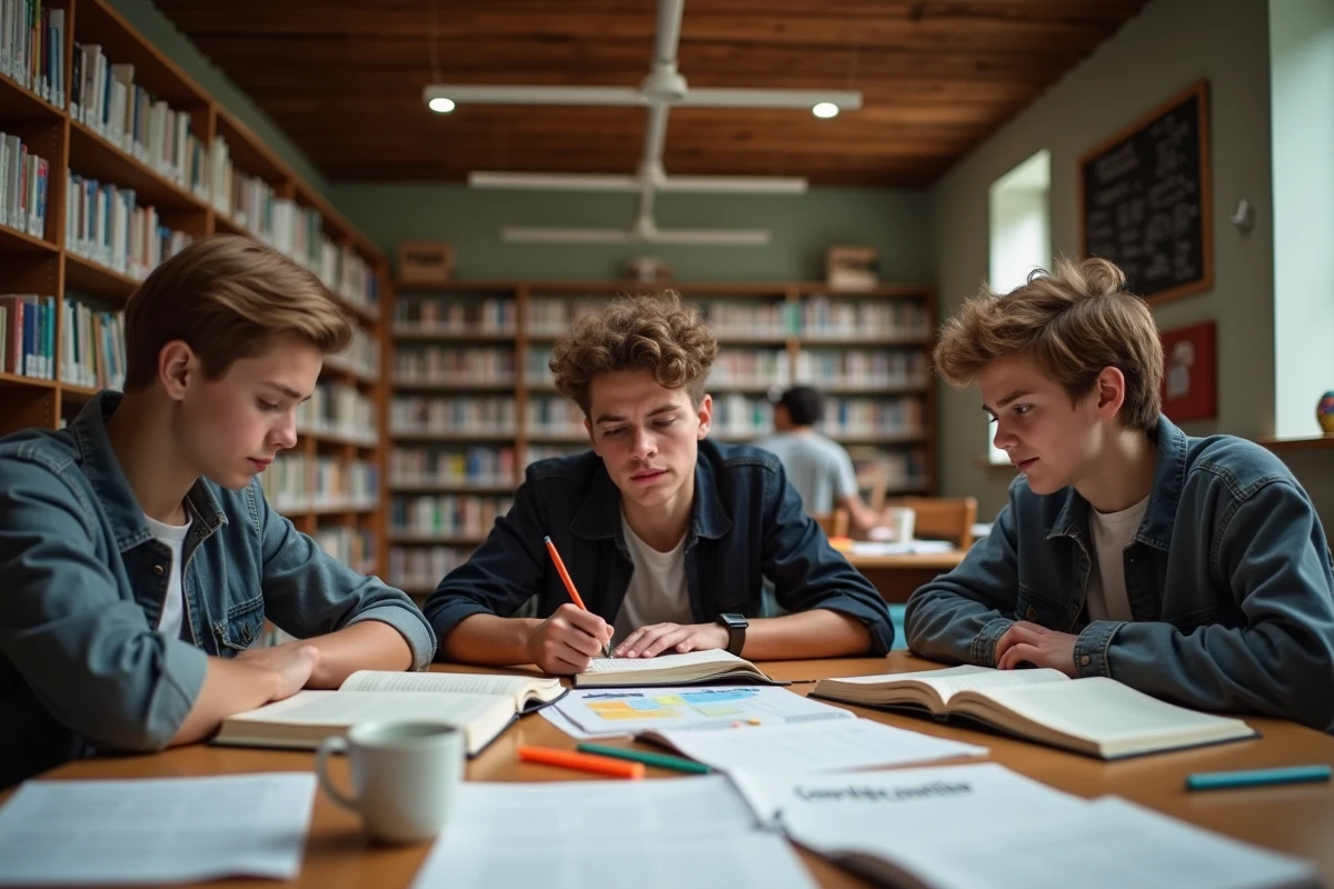 Groupe de lycéens révisant la philosophie ensemble en bibliothèque scolaire dans le cadre de la réforme du bac et du contrôle continu 2026