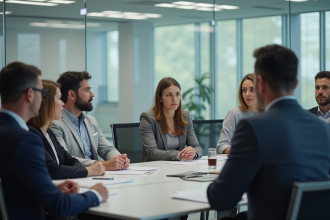 Groupe de professionnels en formation dans une salle lumineuse